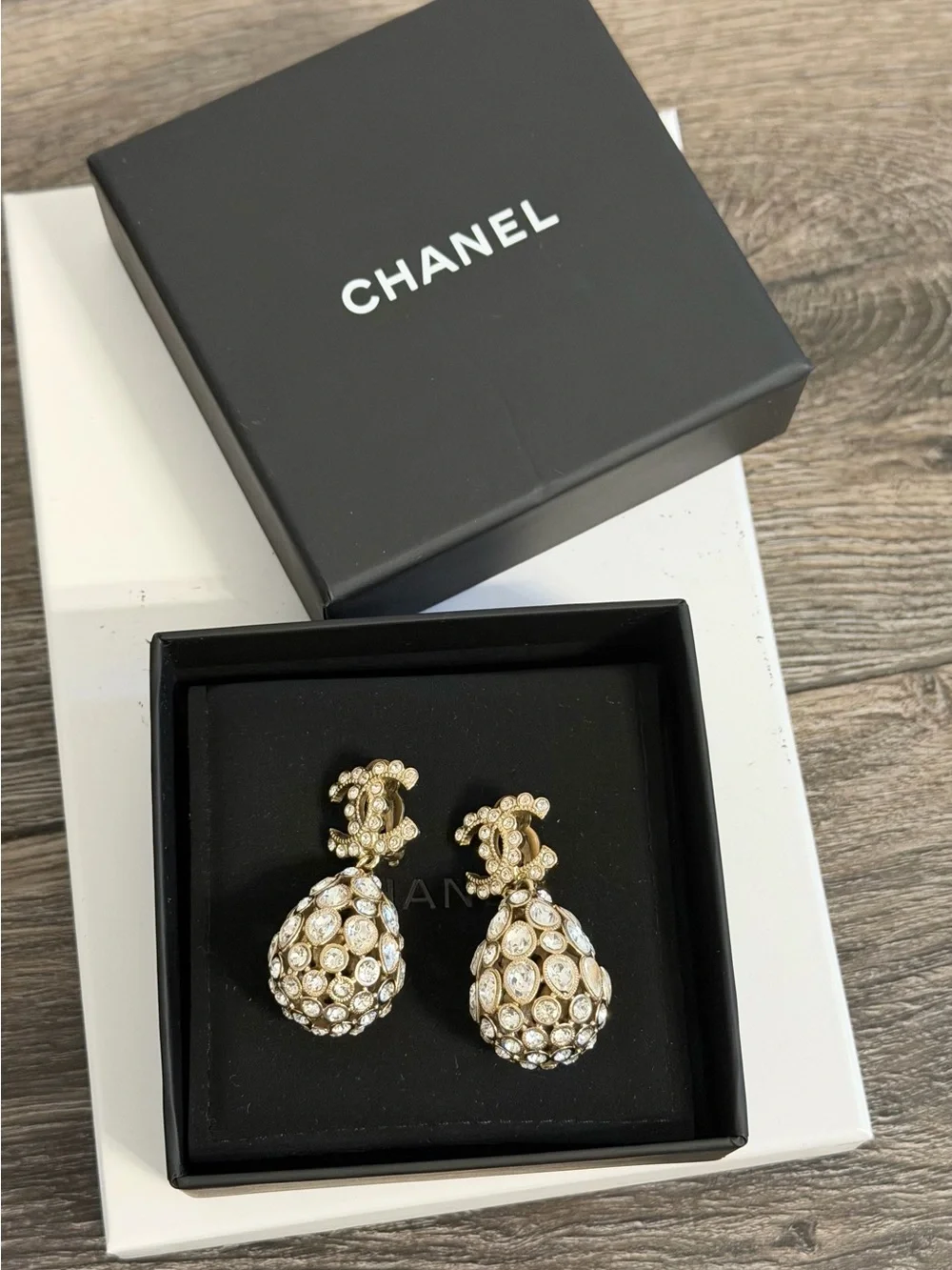 CHANEL Gold and Silver Crystal CC Teardrop Clip On Dangle Earrings